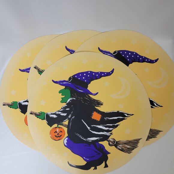 Vintage Halloween Other - Set (4) Vintage Halloween Placemats Witch 14.75" Round Broom Jack O-Lantern